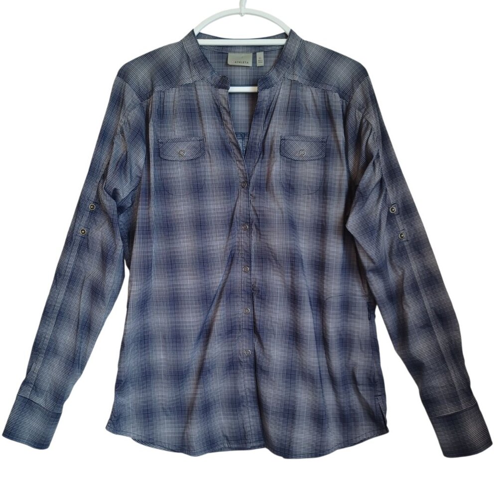 Athleta Shirt Happy Trails Plaid Outdoor Snap Front Long Sleeve Blouse UPF XL